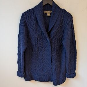 Inis Crafts Navy Blue Irish Merino Wool Cable Knit Cardigan Sweater Medium